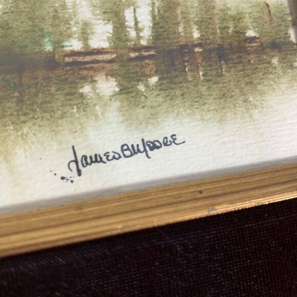 VTG James B Moore Framed Watercolor Landscape Painting Ornate Velvet/Gold Frame - Picture 5 of 11
